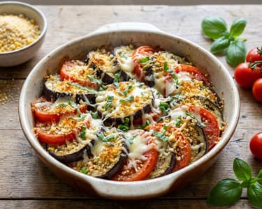 Sült padlizsán paradicsommal és parmezános morzsával