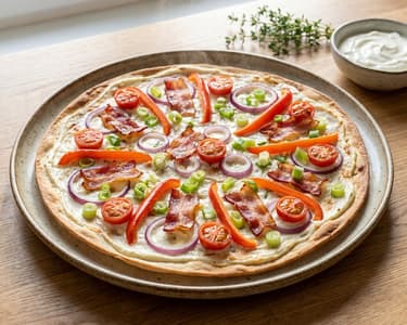 Flammkuchen – Ropogós lepény szalonnával és zöldségekkel