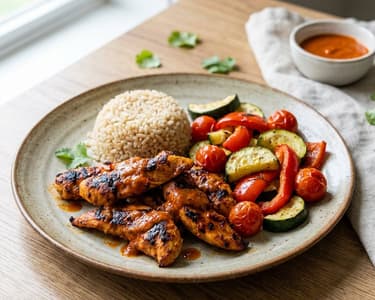 Piri Piri csirke sült zöldségekkel és barna rizzsel