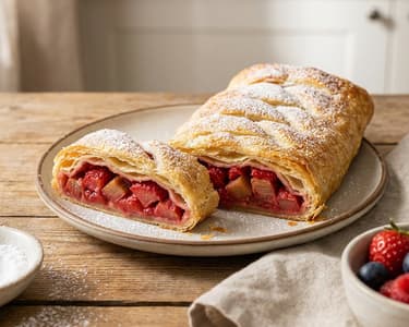 Puff pastry strudel with rhubarb and strawberries