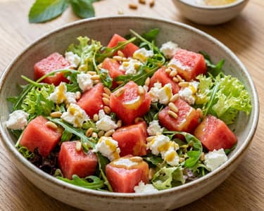 Watermelon salad with feta cheese and pine nuts