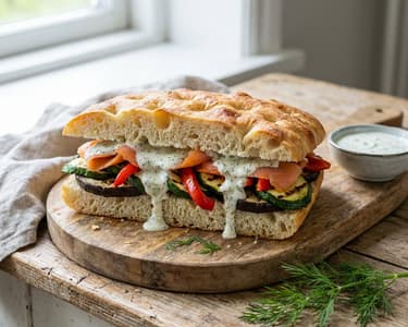 Focaccia with grilled vegetables, smoked salmon and dill remoulade