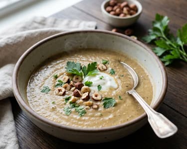 Roasted Eggplant Soup with Hazelnuts