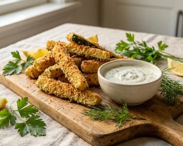 Cukkinisült hasábok zöldfűszeres mártogatóssal | Ropogós snack