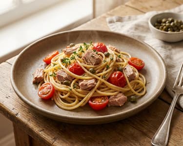 Tuna Spaghetti with Cherry Tomatoes and Capers