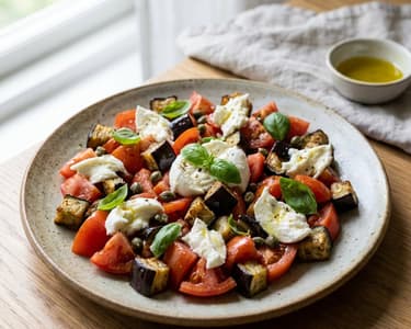 Tomato salad with roasted eggplant and mozzarella