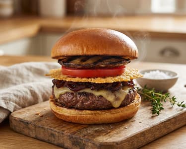 Juicy Beef Burger with Caramelized Onion and Parmesan Crisps