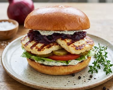 Halloumi burger lila hagyma chutney-val