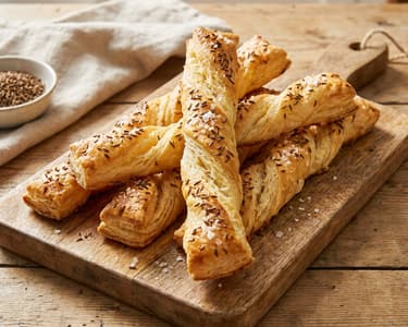Puff pastry sticks with caraway and salt
