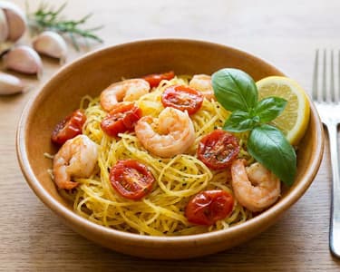Spaghetti squash with shrimp and cherry tomatoes