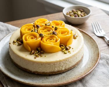 Coconut Cheesecake with Mango and Caramelized Pistachios