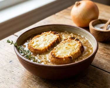 French onion soup with cheesy croutons