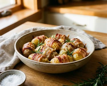 Bacon-wrapped baked potatoes with cheese and rosemary