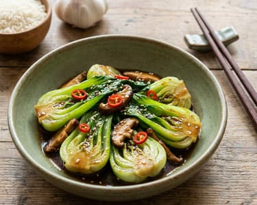 Stir-fried pak choi with shiitake mushrooms