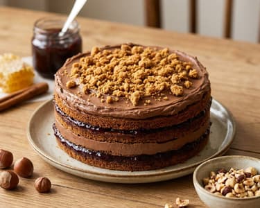 Honey chocolate cake with plum jam and hazelnuts