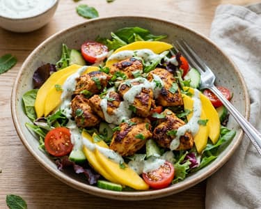 Tandoori csirkesaláta mangóval és mentás joghurttal