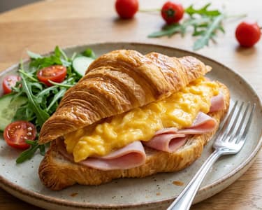 Krémes rántottával és sonkával töltött croissant