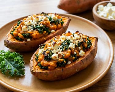 Baked Sweet Potato with Kale and Feta Cheese