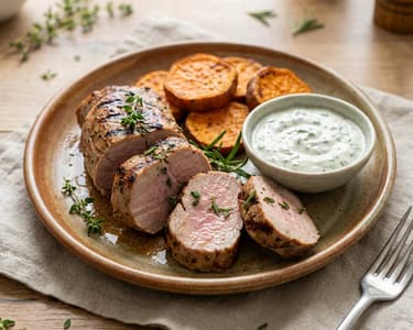Grilled pork tenderloin with sweet potato and dip
