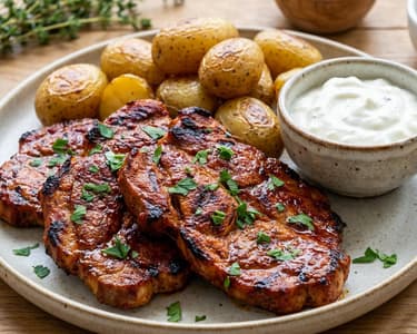 Grillezett tarja sült burgonyával és fokhagymás mártogatóssal