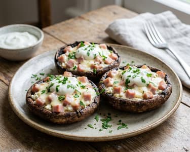 Mushrooms stuffed with ham, mozzarella, and ricotta