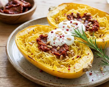 Spaghetti squash with crème fraîche and sun-dried tomato pesto