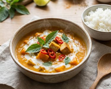 Sütőtökös vegetáriánus curry füstölt tofuval