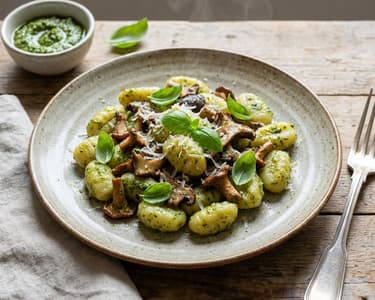 Gnocchi with mushrooms and homemade pesto | Quick vegetarian dinner