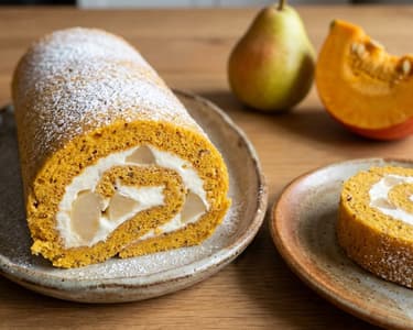 Pumpkin roll with light cream and pear