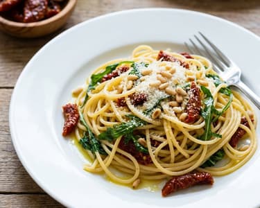 Spaghetti with sun-dried tomatoes and rocket