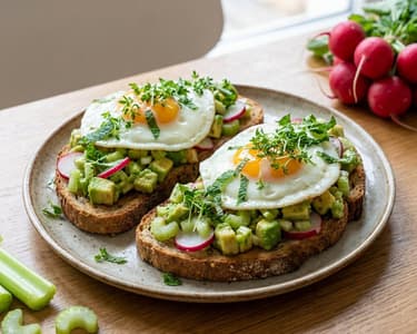 Avocado toast with fried egg and fresh vegetables