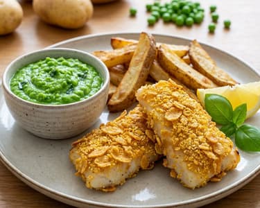 Healthier Fish and Chips with Roasted Potatoes and Pea Puree