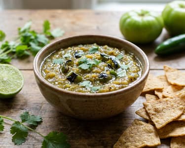 Sült zöldparadicsom salsa házi tortilla chipsszel