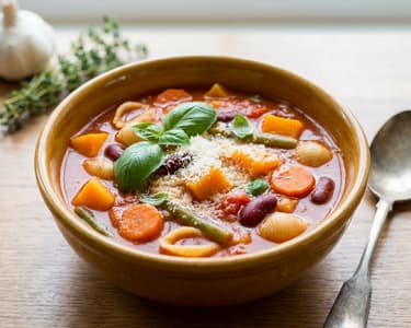 Minestrone leves sütőtökkel és zöldbabbal
