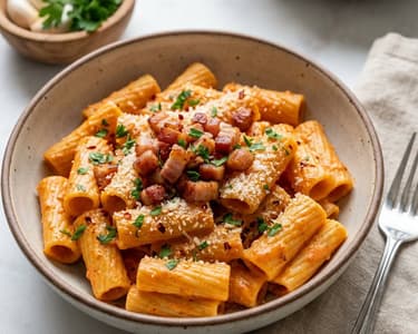 Rigatoni alla vodka | Creamy Italian pasta with crispy pancetta
