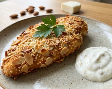 Mandulás-halloumi bundás csirkemell