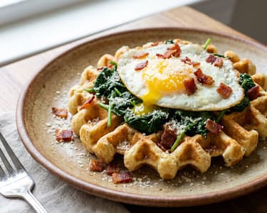Garlic Waffles with Bacon and Spinach