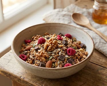 Mogyorós granola étcsokoládéval és málnával