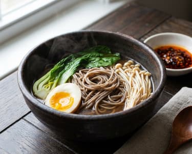 Asian broth with soba noodles, egg, and pak choi