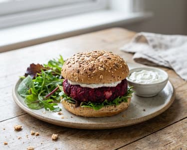 Beetroot burger with goat cheese dip