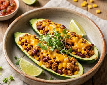 Baked zucchini stuffed with tempeh