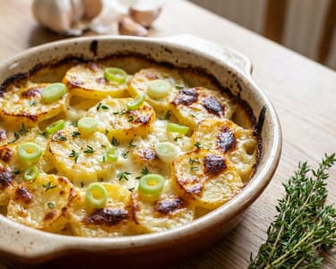 Gratinated Potatoes with Sheep Cheese and Thyme