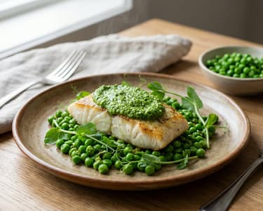 Halibut with Minty Green Pea Pesto