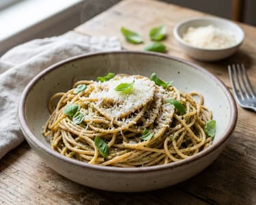 Whole wheat spaghetti with roasted garlic pesto