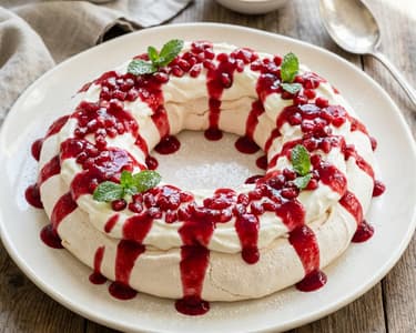 Pavlova Wreath with Pomegranate and Raspberry Sauce