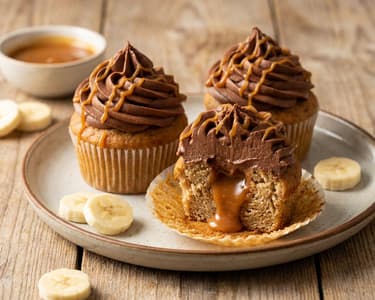 Banana cupcake with caramel and chocolate cream