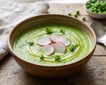 Creamy Green Pea Soup with Marinated Radishes | Quick and Healthy Lunch