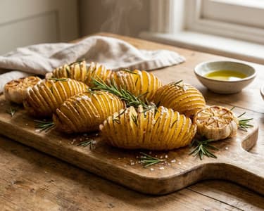 Svéd Hasselback sült burgonya fokhagymával és rozmaringgal