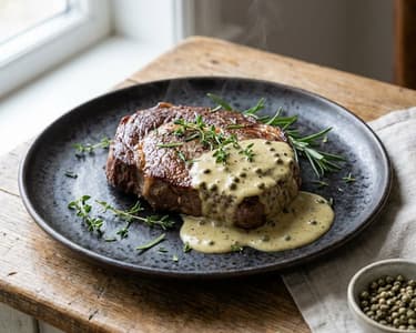 Beef Steak with Green Peppercorn Sauce and Whiskey
