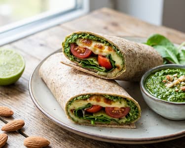 Grilled cheese wrap with spinach pesto and tomatoes